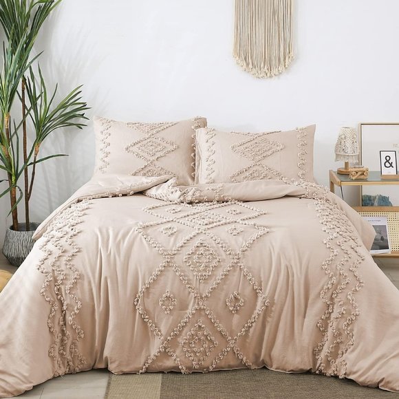 NEW NWT Boho Beige or Pink Tufted Jungalow Bohemian Queen King Bedding SET - Picture 7 of 11